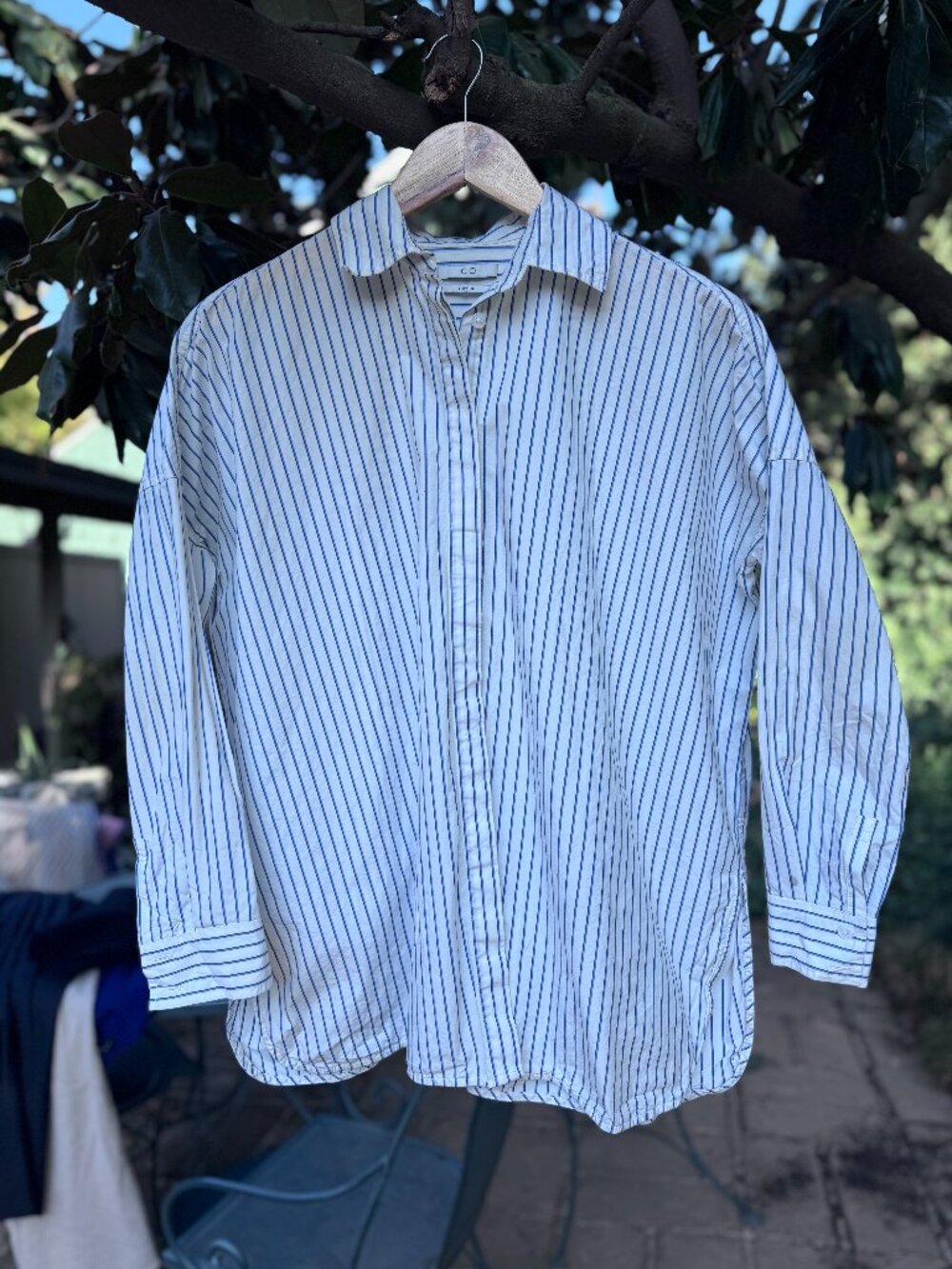Co Collection Oversized Blue Striped Cotton Poplin Shirt Long Sleeve Button Down